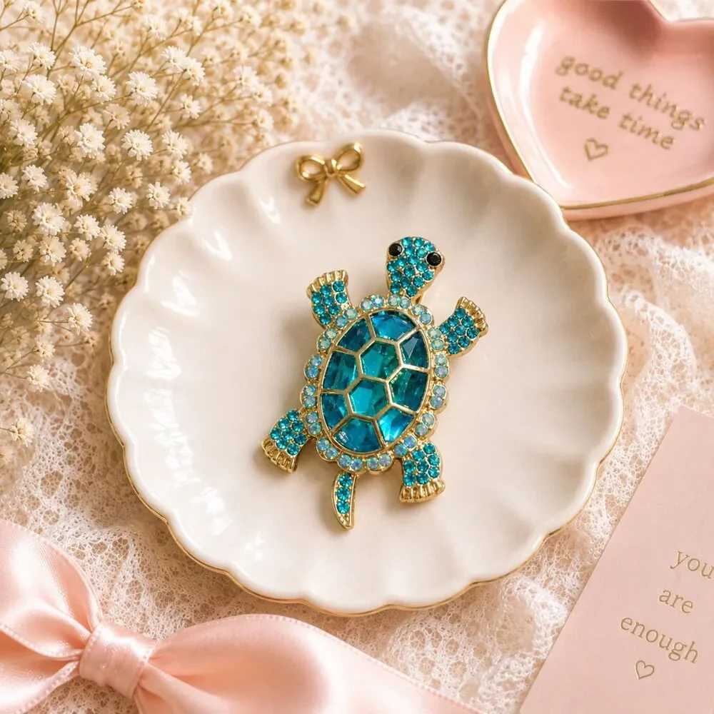 Turquoise Rhinestone Turtle Brooch, Gold Tone, Sparkly Coastal Sea Turtle Pin